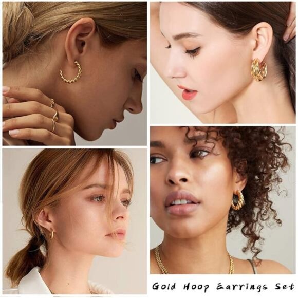 IFKM 24 Pairs Gold Hoop Earrings Set for Women Hypoallergenic Chunky Chain - Picture 3 of 8